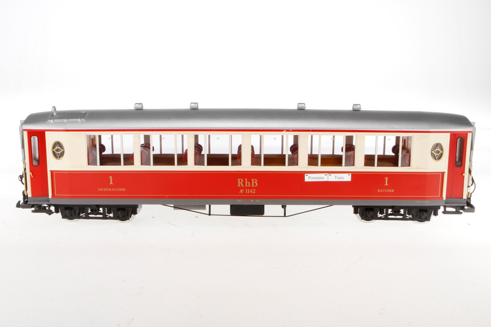 LGB Personenwagen "RhB AS 1142", weiß/rot, mit Inneneinrichtung und Beleuchtung, Alterungsspuren,