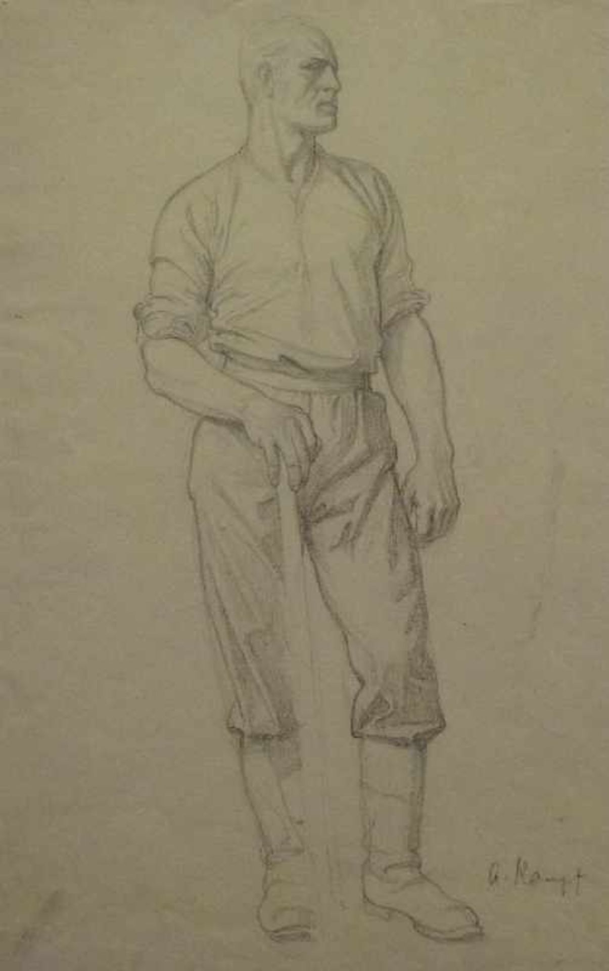 Arbeiter, Arthur Kampf (1864-1950) Bleistiftzeichnung, sign., auf Stiel gestützt stehendermuskulöser