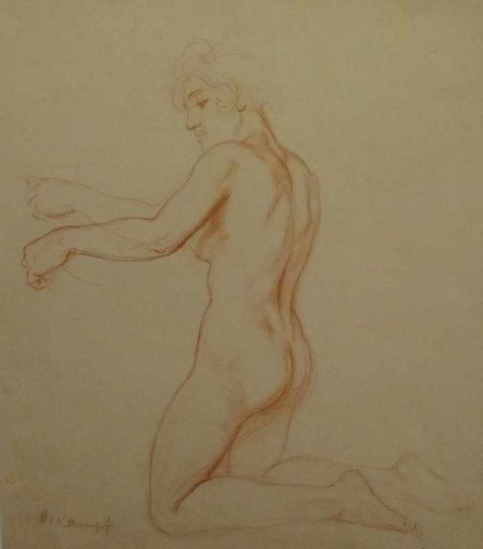 Rückenakt, Arthur Kampf (1864-1950) Rötel-Zeichnung, sign., kniende junge Frau, leichtfleckig, 31x28