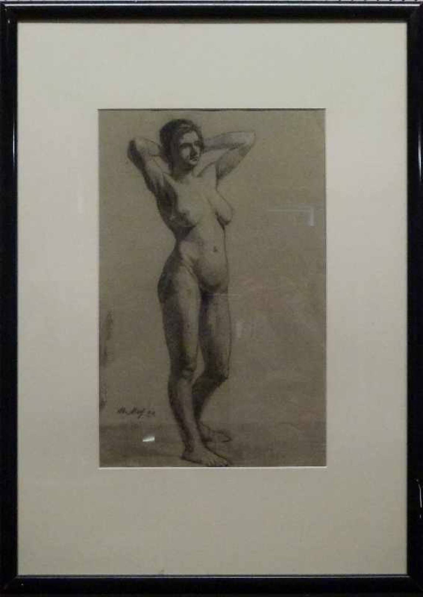 Aktstudie, W. Mey? Bleistiftzeichnung, stehende Frau, die Arme hinter dem Kopfverschränkt, R, - Image 2 of 3