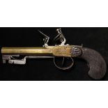 A good flintlock boxlock pistol with spring bayonet. Brass barrel & frame with Belgian proof '