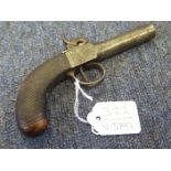 A boxlock turn off percussion pistol circa 1835. Decent quality. Barrel 2.5". Chequered walnut butt.