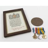 1914 Star Trio with Aug-Nov clasp, Death Plaque and named Scroll to 6465 Pte Benjamin Henry Mills