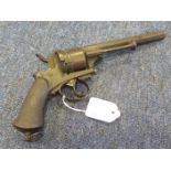 A Belgian 9mm pinfire revolver. Barrel 6 ". Single action. Chequered walnut grip. Belgian proof to