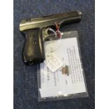 A semi-auto Czech, CZ Auto pistol cal. 7.65mm, barrel 4". In good working order & condition. (most