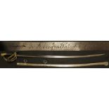 A French Cuirassiers Sword dated 1829. Heavy s/e fullered blade 38". Four bar brass hilt with