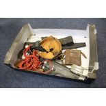 A box of useful and interesting leather work including: helmet liner, U.S Civil War holster for Colt