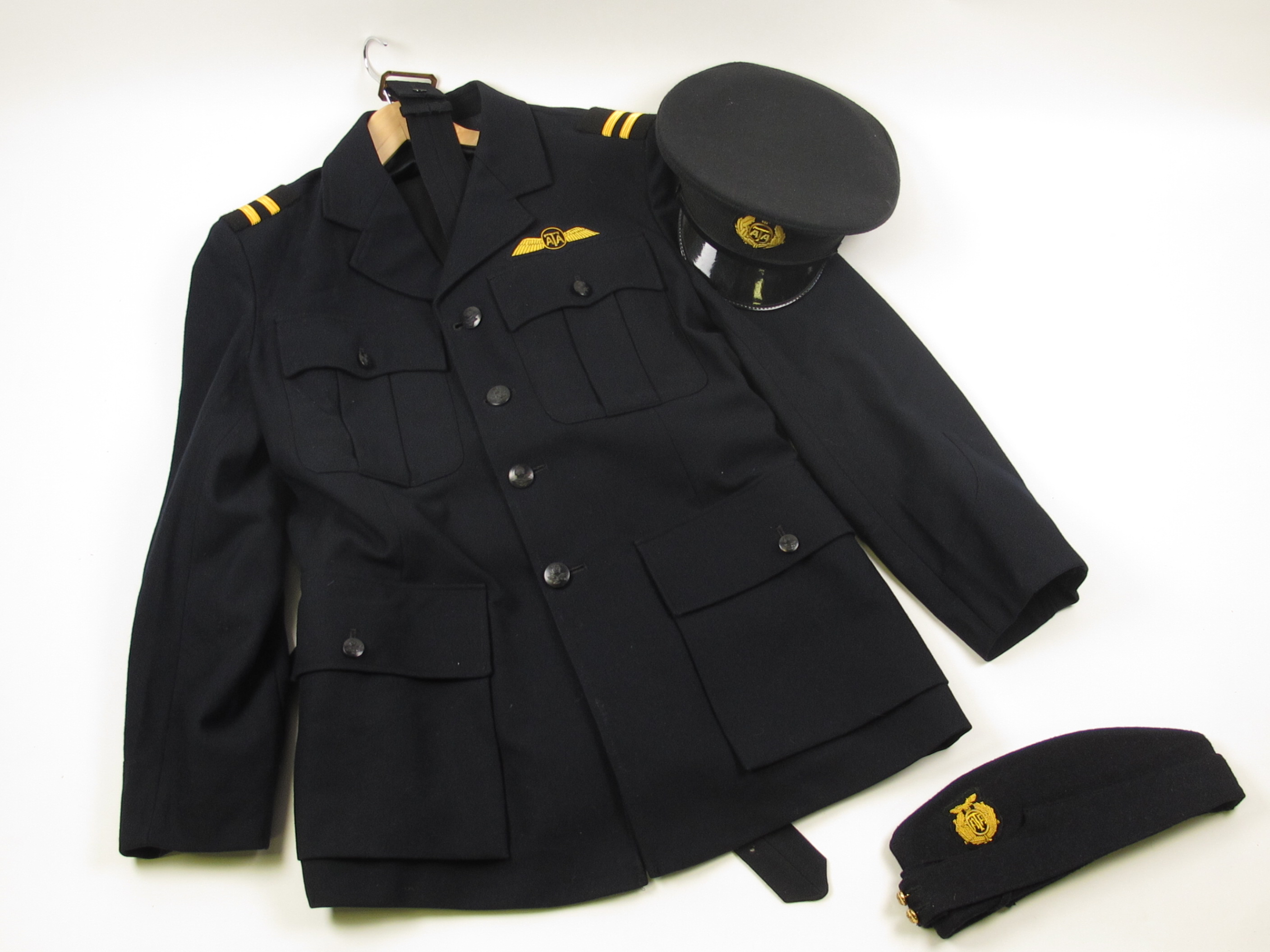 Air Transport Auxiliary black made up uniform 1st Officer, KC buttons, trousers, cloth belt, Side