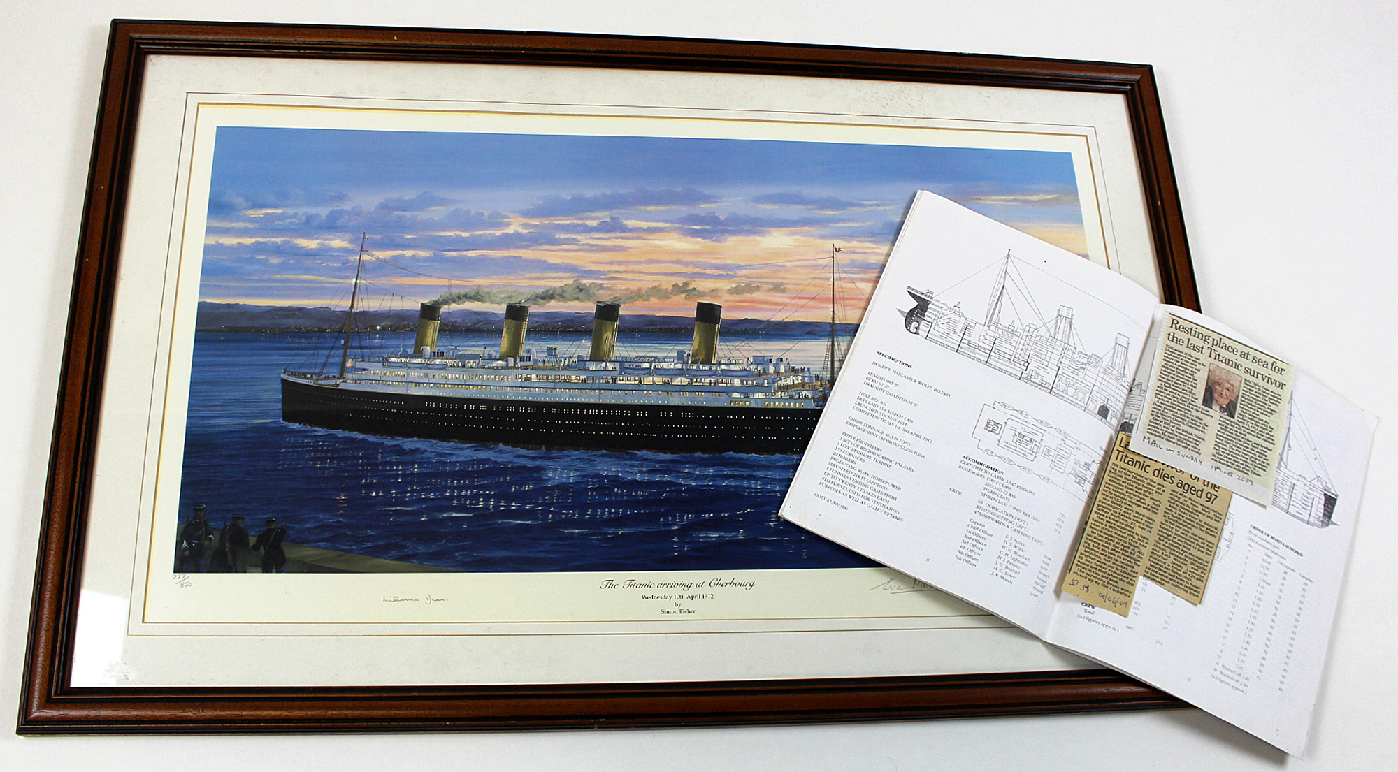 Print: Titanic arriving at Cherbourg by Simon Fisher 777/850 signed by 2 survivors