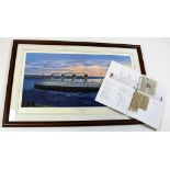 Print: Titanic arriving at Cherbourg by Simon Fisher 777/850 signed by 2 survivors