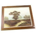 Framed oil painting of a river scene with trees, indistinctly signed l.r. (Bruce?). H.40cm x W.52cm.