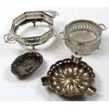 Four silver items - ashtray and 3 bon-bon dishes (one missing glass centre). Weighable silver -