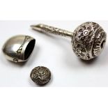 Indian silver (unmarked) rattle/whistle plus 2 damaged rattles (small one hallmarked for BIRM 1915).