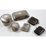 Mixed lot of silver - all hallmarked - silver topped glass jar, silver pot, cigarette box, 3 vestas.