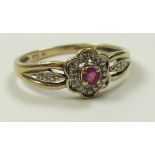 9ct Gold Ring set with Ruby and Diamonds size O weight 1.6 grams