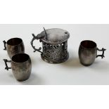 Four silver items - 3 German (possibly) small measures (?) marked 800 and a mustard pot (no