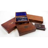 Six drawing sets, each in mahogany box, containing numerous compasses