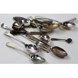 Fourteen silver and steel items, comprising of 11 spoons, a pickle fork and 2 manicure items.