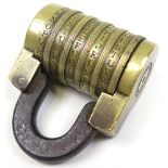 A early 19th Century Brass and Iron five letter combination word barrel padlock (locked)