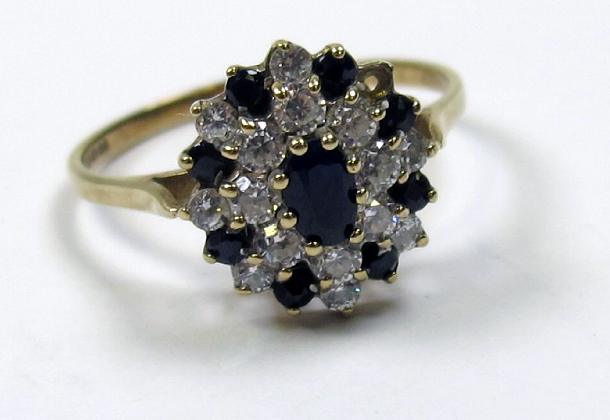 9ct Gold Sapphire and CZ set Ring size R weight 2.5 grams