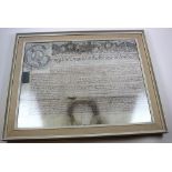 Large and framed indenture, George the second period, complete with wax seal in original container