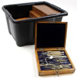 Seven drawing sets, each in oak box, makers include Jackson Brothers, J. Halden & Co., Reeves & Co.,