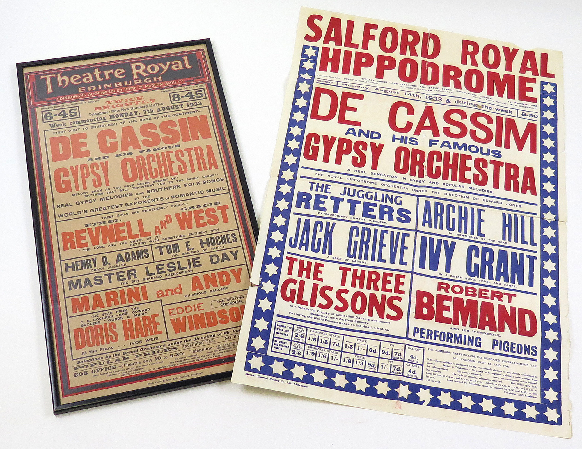 Two 1933 theatre posters advertising 'De Cassin and his Famous Gypsy Orchestra' with accompanying