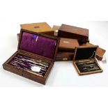 Nine drawing / compass sets, each in mixed wood box (including walnut and oak), containing