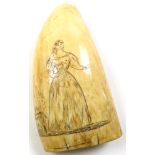 A 19th Century scrimshaw whale's tooth, engraved with a woman standing outside a house, length