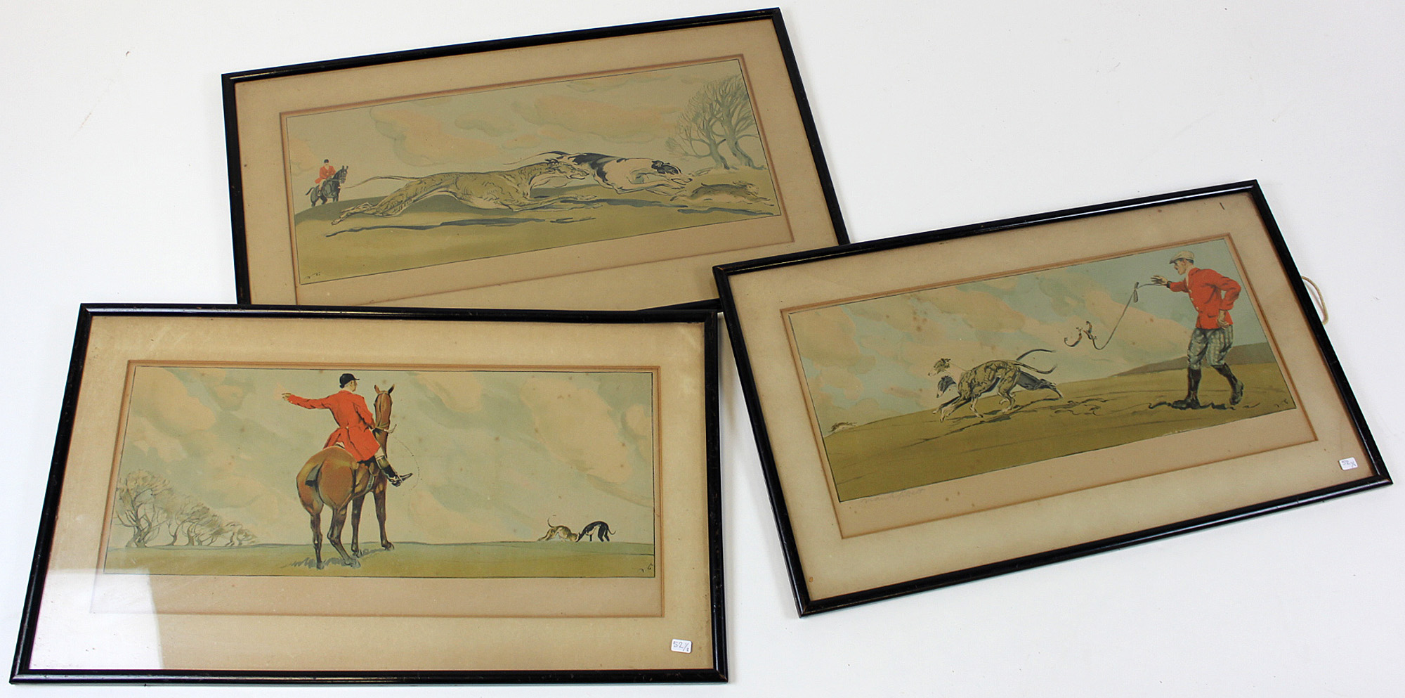 Frank Gilbert, set of three framed and glazed coloured lithographs depicting hunting scenes,