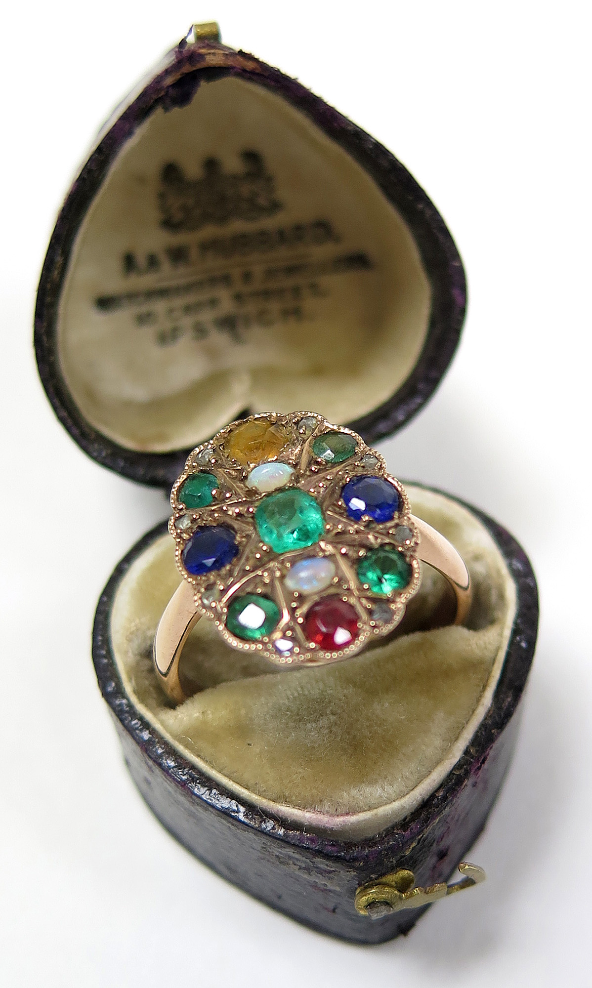 Yellow metal Ring (tests as 9ct) set with opal/sapphire/garnet/citrine and diamond gemstones size