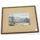 Claude Hulke, framed and mounted watercolour of lakeside houses with mountain backdrop, signed l.l.,