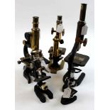 Five monocular microscopes, makers include F. E Beckers & Co., F. Korista, C. Reichert, etc., all