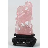 18th century Chinese Rose Quartz carving of bird on a rock, presented on its original intricately