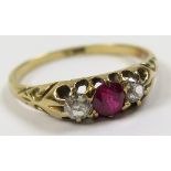 18ct Gold Ruby and Diamond 3 stone Ring size P weight 1.8 grams