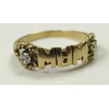 9ct Gold MUM Ring set with 2 CZ size Q weight 2.1 grams