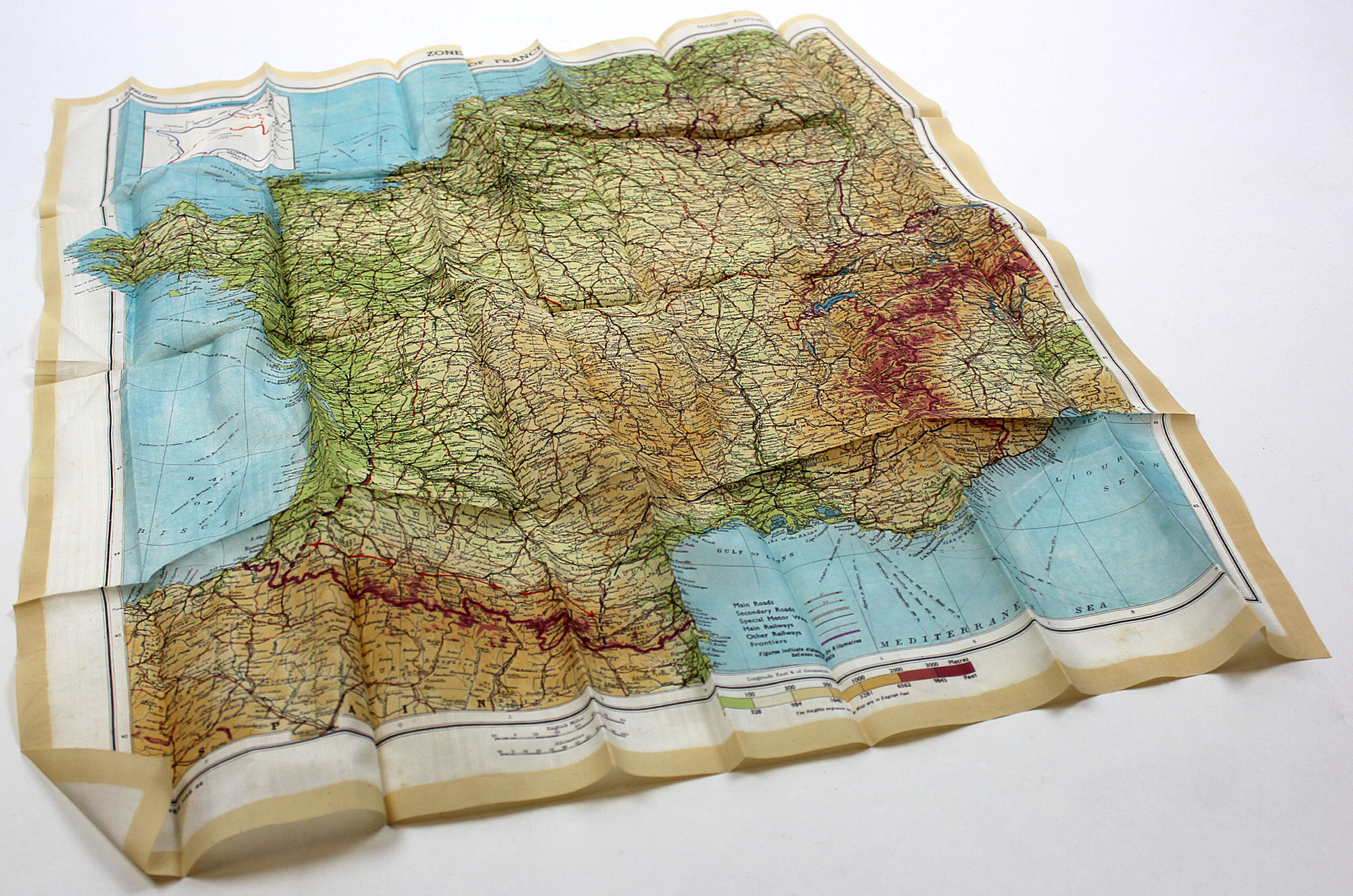 WW2 Parachute Regiment Escape Map, Zones of France. 2nd.Edition, March 1944. Printed in colour on