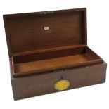 Large mahogany box with inner tray, brass plaque to front inscribed ' Capt. A. McMeekan, Royal
