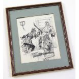 Framed pen and ink drawing depicting two pirates swordfighting, possibly an original comic book