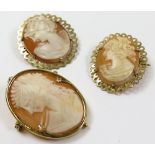 3 9ct Gold and yellow metal Cameo Brooches