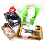 Collection of toys including a triang train set, two teddy bears and two dolls