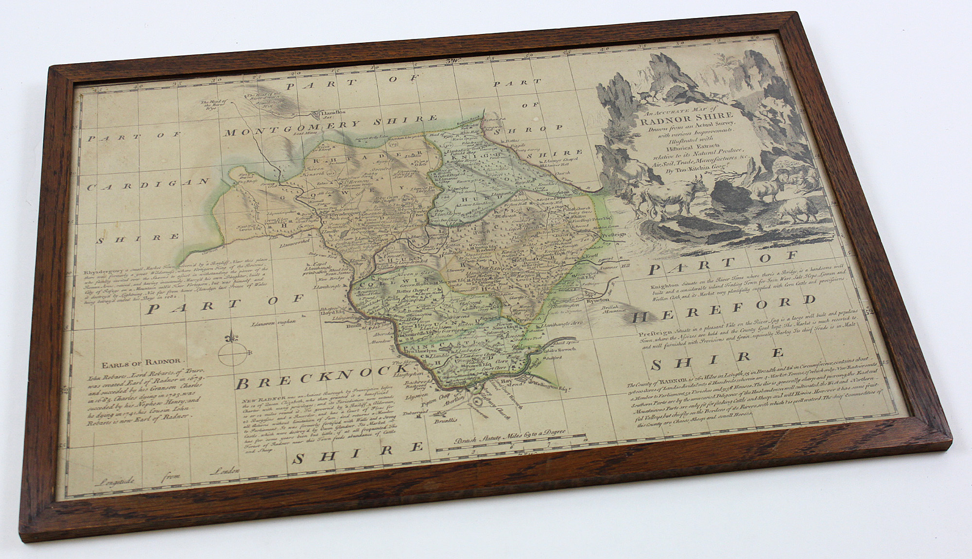 18th Century map of Radnor Shire by Thomas Kitchen, framed and glazed