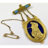 9ct Gold Masonic enamelled Plaque depicting Annointing scene with hanging brooch and safety chain