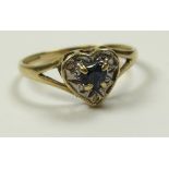 9ct Gold Heart shape Ring set with Sapphire size O weight 1.6 grams