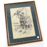 P Hardy, framed black and white pen drawing similar to those found in Punch magazine, depicting