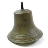 Large 20th century brass ships bell from the light vessel no.13, height 11 inches, width 12