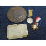 1915 star and BWM with memorial plaque to 14633 Sgt Thomas Wright kings own Royal Lancaster Reg K in