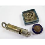 1914 dated whistle on silver ? Chain, WW1 silver war badge, in original numbered box, 1914 On War
