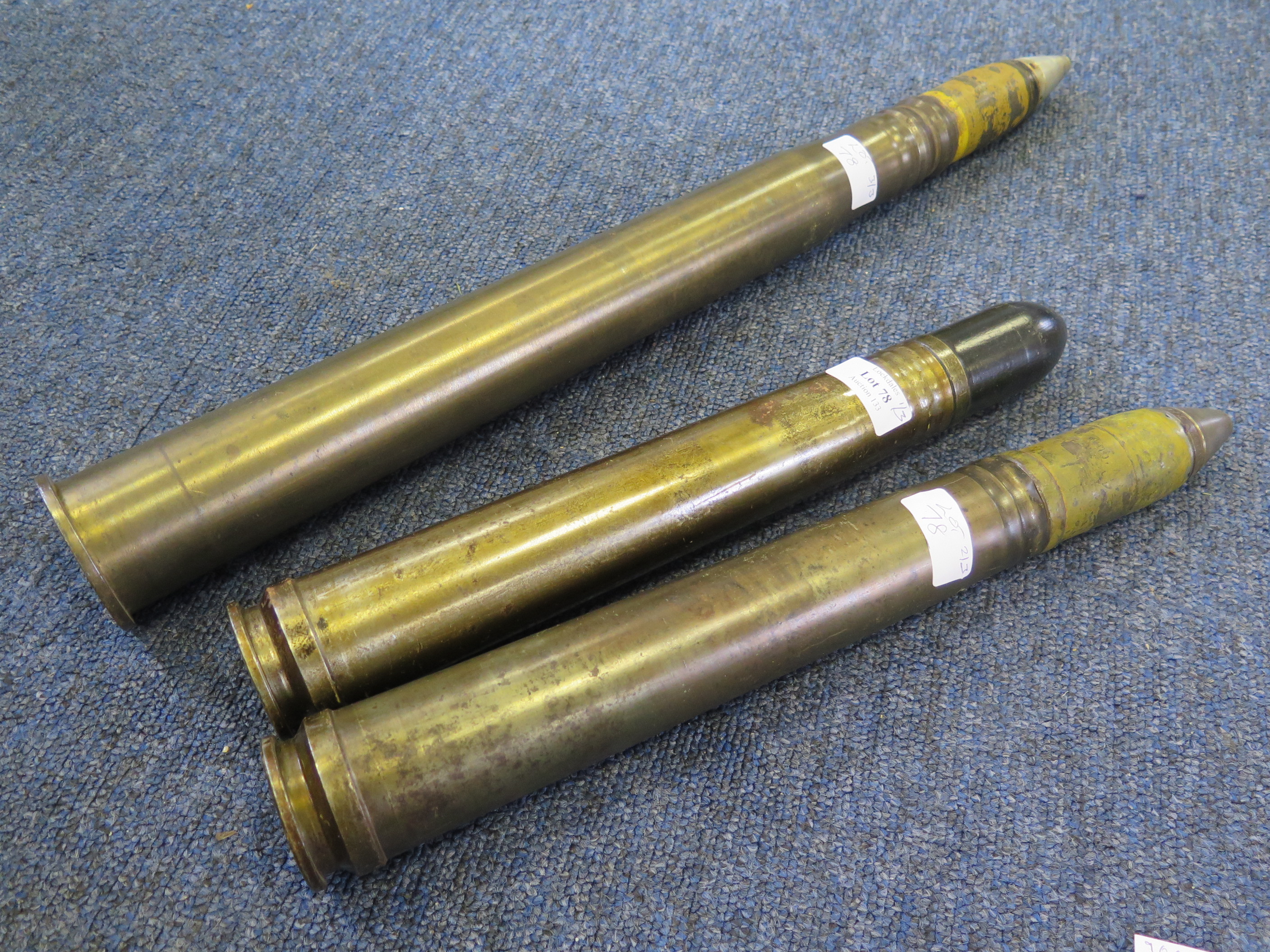 Artillery shells - three German WW2 deactivated examples all with heads ...