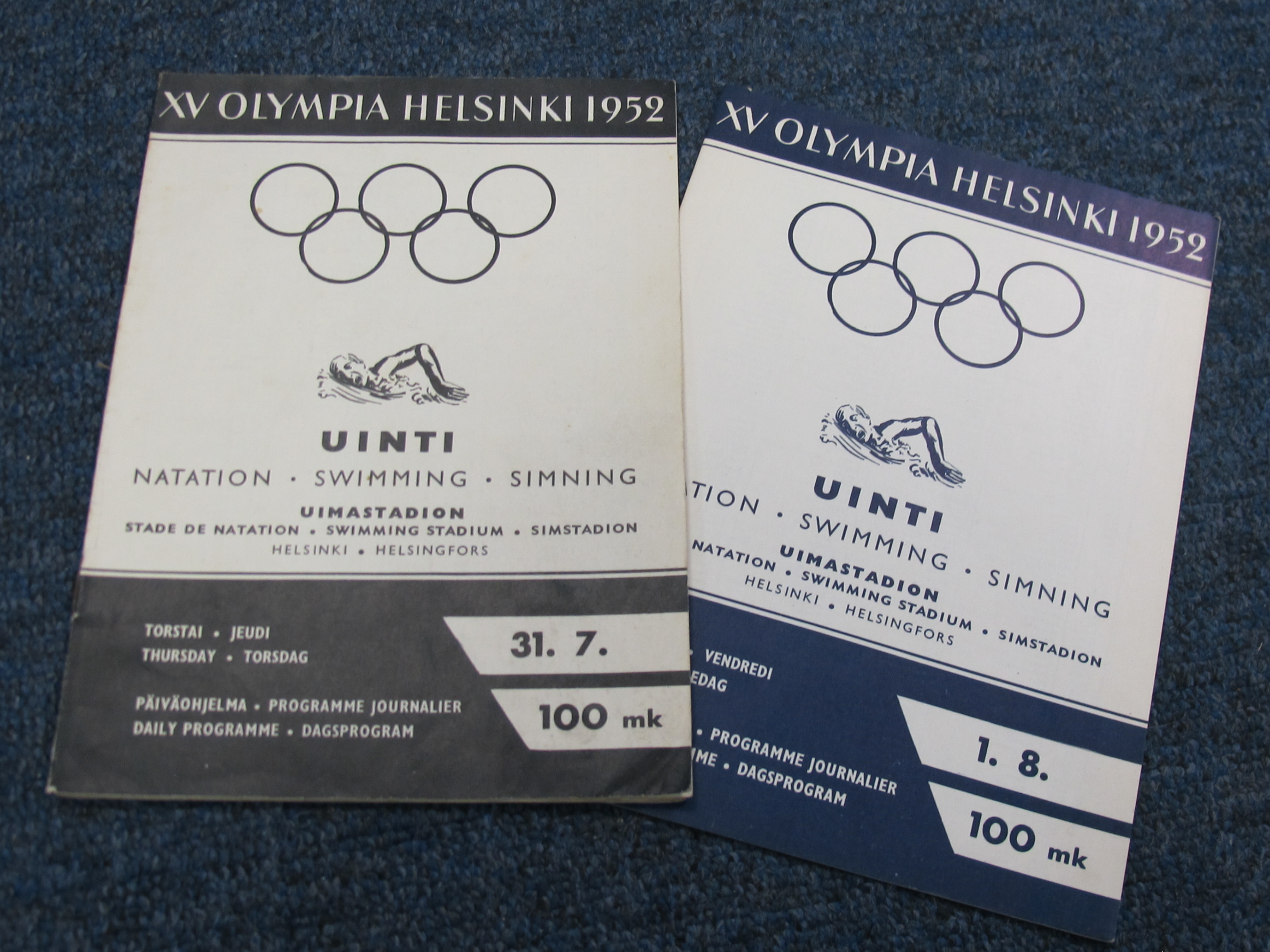 Helsinki Olympic 1952 programmes for Swimming events 31/7/52 and 1/8/52, inc Diving and Water